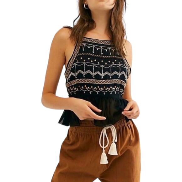 Free People Tops - Free People Camille Embroidered Cami Top Medium Black Embellished Sequin Boho